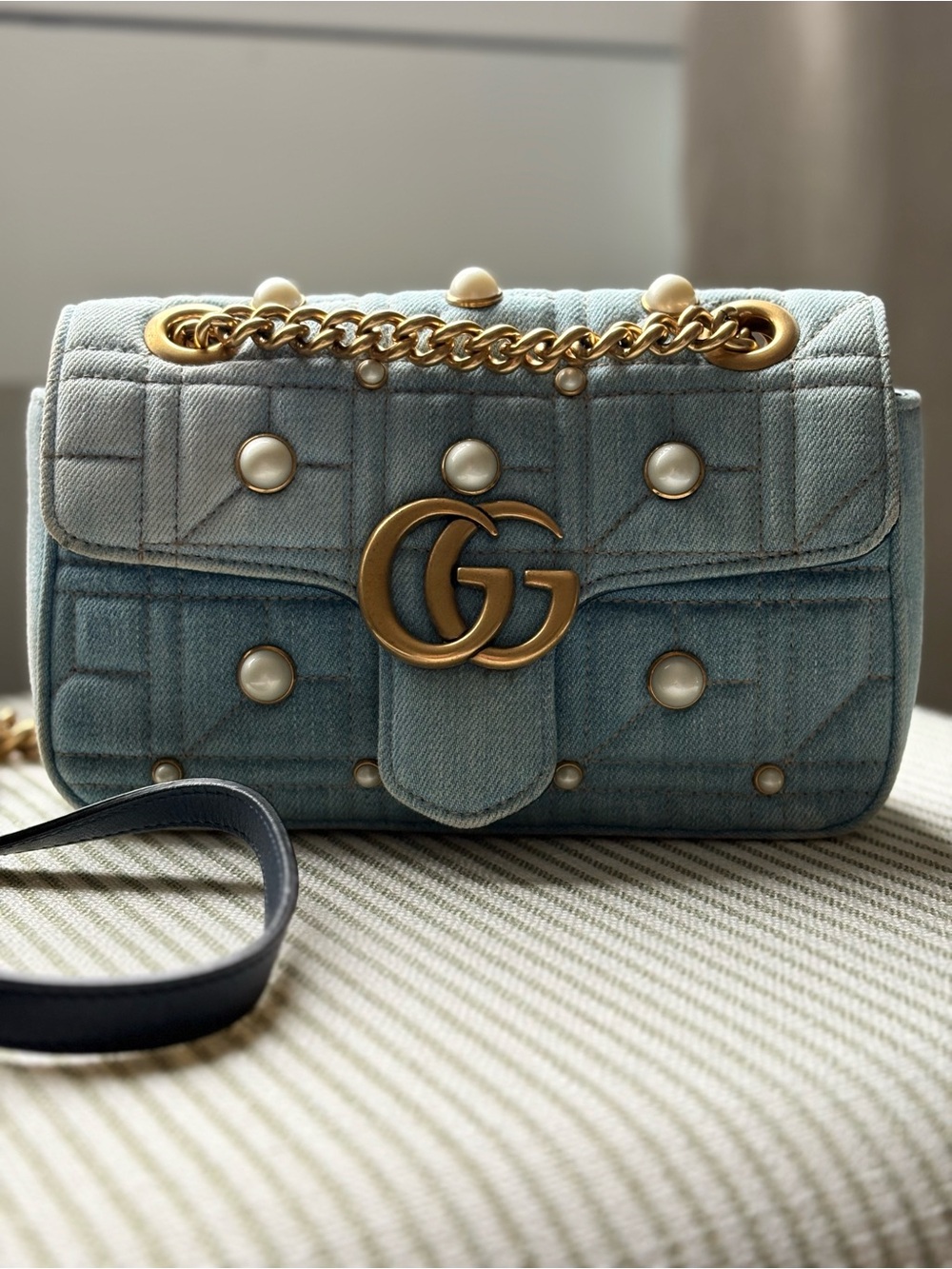 Gucci Marmont Light Blue Denim Shoulder Bag with Pearl Studs & Gold Hardware
